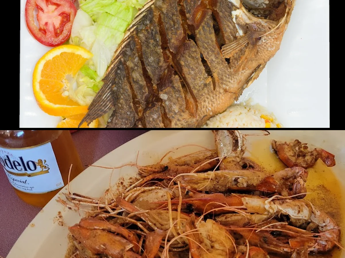 Plates of seafood on a casual dining table.