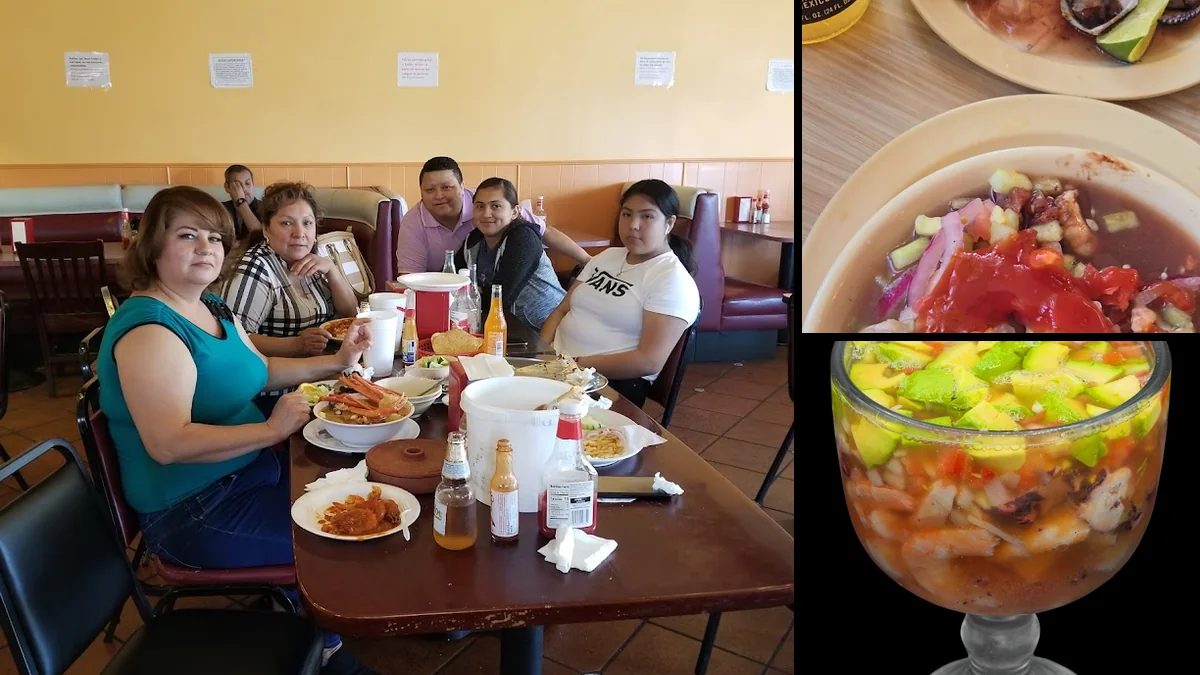 Bright mariscos dishes served family-style.