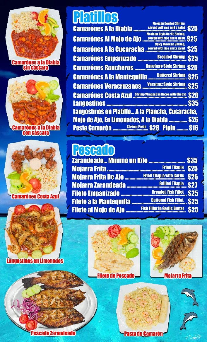 Printed menu page with seafood categories.