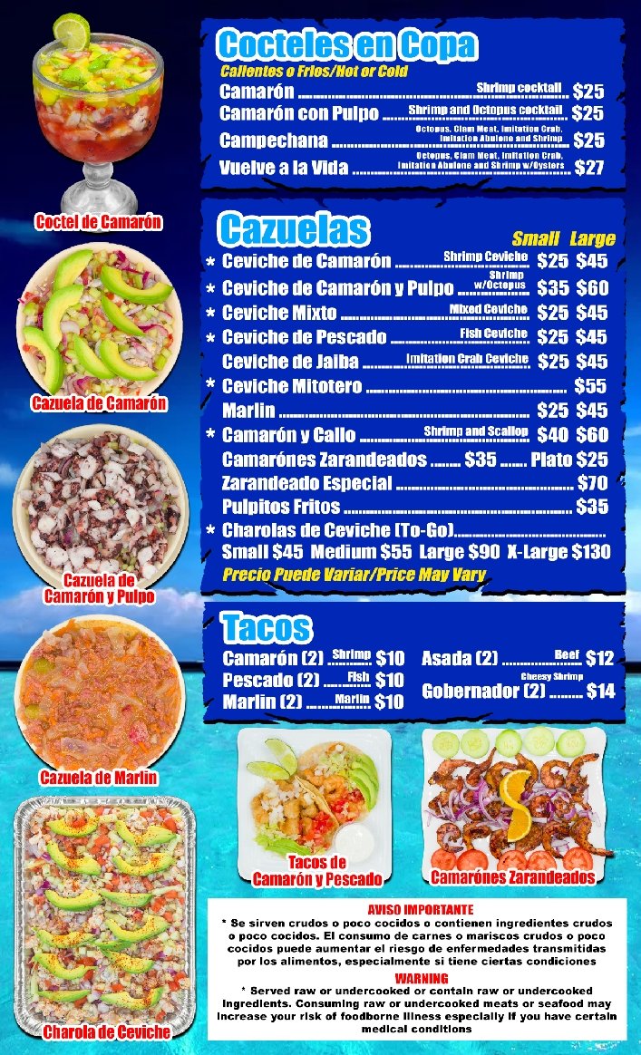 Menu layout featuring tacos and mariscos.