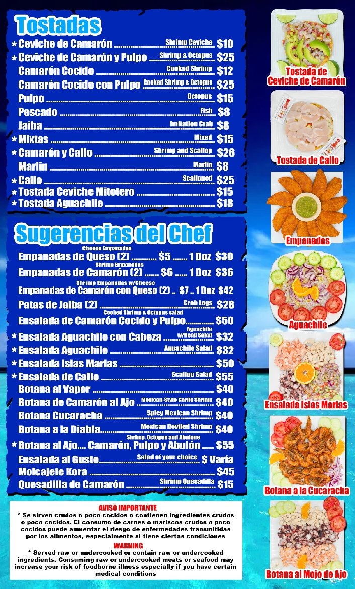 Restaurant menu showing coastal Mexican specialties.
